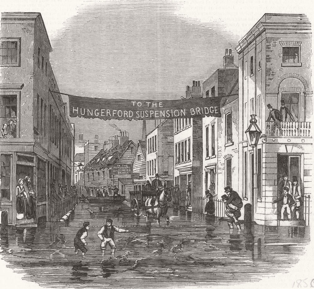 LAMBETH. High tide-overflow of the Thames-Vine-Street, York-Road 1850 print